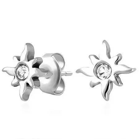 Puzetové náušnice, ocel 316L, stříbrná barva, sluníčko, čirý zirkon