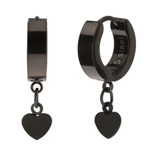 Kloubové ocelové náušnice, černá barva, visaci přívěsek ve tvaru srdíčka
