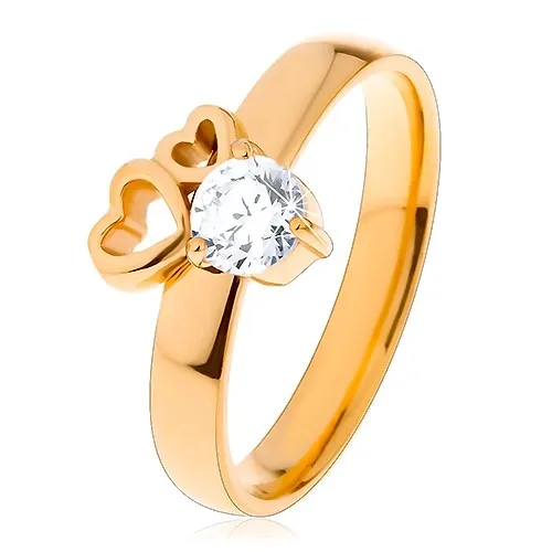 Prsten z chirurgické oceli zlaté barvy, dva obrysy srdcí, čirý zirkon - Velikost: 59