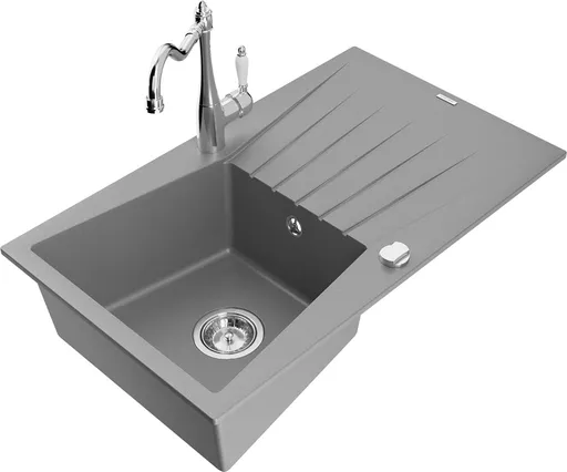 MEXEN/S Cesar granitový dřez 1-miska s odkapávačem včetně baterie Carla, šedá 6514-71-670700-00