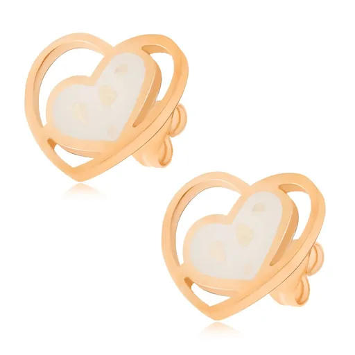 Zlaté náušnice z oceli, bílé perleťové srdce v kontuře srdce