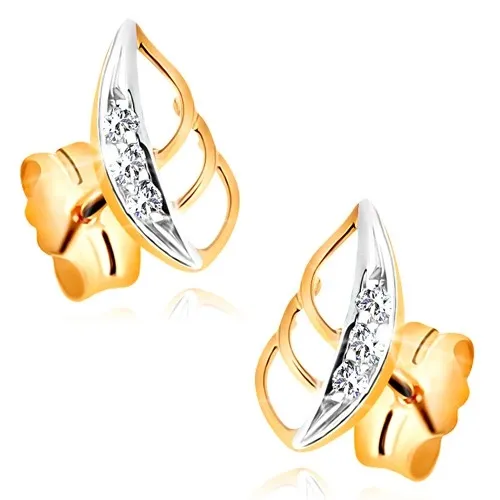 Zlaté náušnice 585 - dvoubarevný lístek s výřezy a čirými zirkony