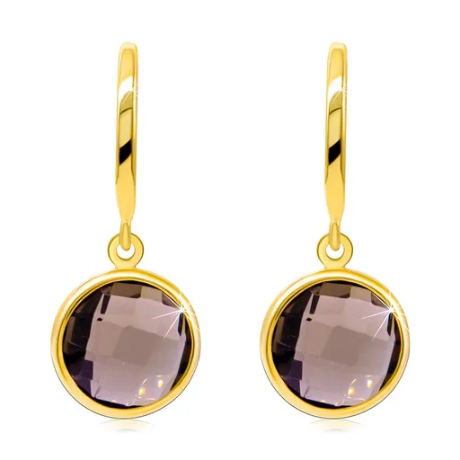 Zlaté 14K náušnice - broušená záhněda v kulaté objímce visící na úzkém oblouku