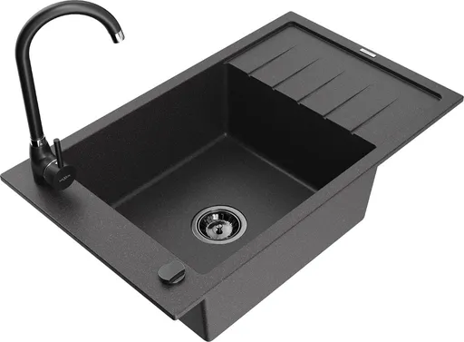 MEXEN/S Elias granitový dřez s odkapávačem včetně baterie Telma, černá kropenatá 6511-76-670200-70-B