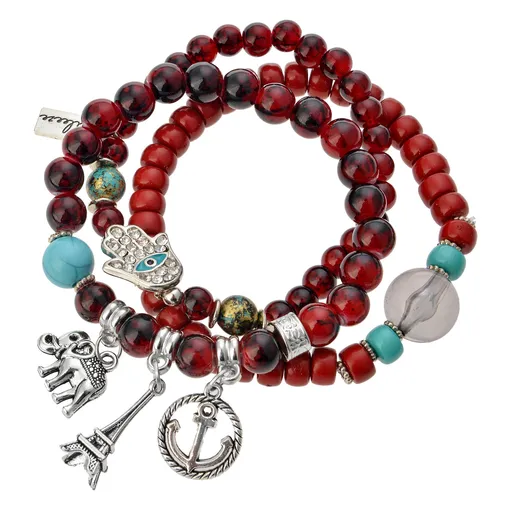 Červeno modrý korálkový náramek se slonem, rukou a Eiffelovkou - 15 cm JZBR0641R
