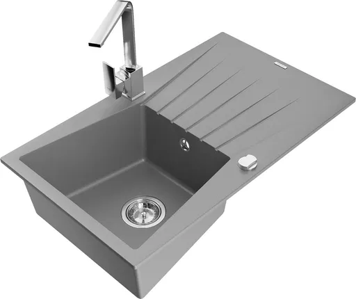MEXEN/S Cesar granitový dřez 1-miska s odkapávačem včetně baterie Rita, šedý 6514-71-670300-00
