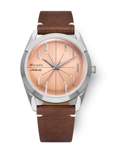 Nivada Grenchen Antarctic Spider Salmon No Date - Brown Leather White Stitching