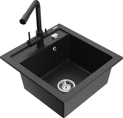 MEXEN/S Vito granitový dřez 1-miska včetně baterie Duero, černá/stříbrná metalik 6503-73-671600-70