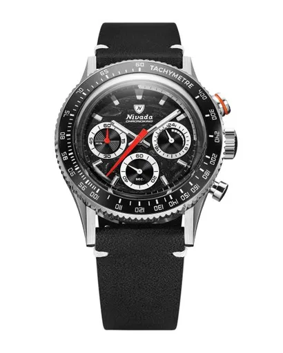 Nivada Grenchen Chronoking Mecaquartz Racing Black - Inter. Bezel - Black Leather White Stitching