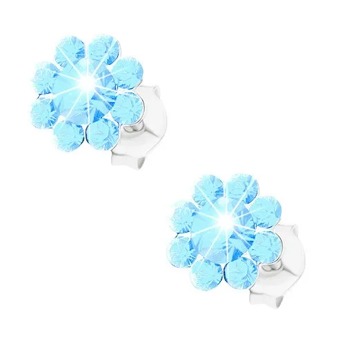 Stříbrné náušnice 925, třpytivý kvítek z akvamarínových krystalků Preciosa
