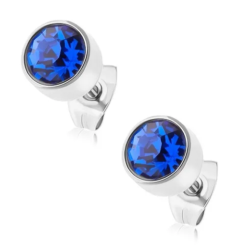 Puzetové náušnice, ocel 316L, stříbrný odstín, modrý kulatý zirkon, 7 mm