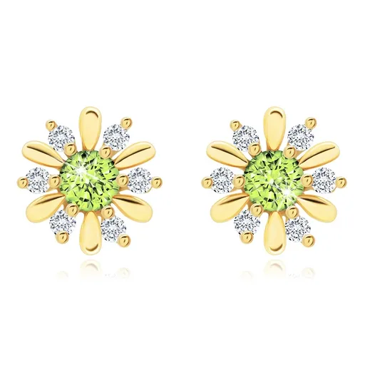 Zlaté náušnice 14K kvet s olivínom a čírymi zirkónmi