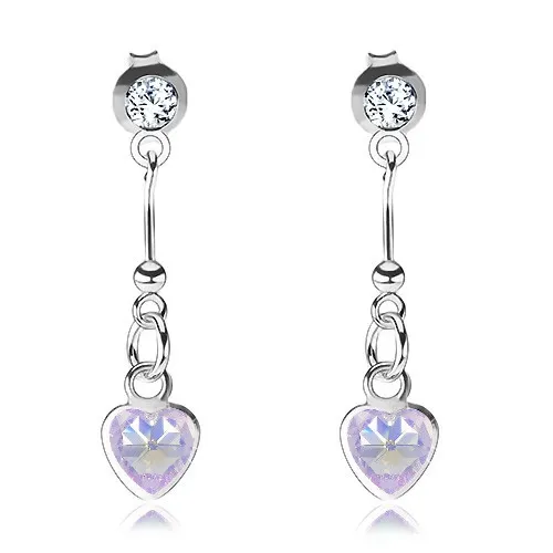 Stříbrné náušnice 925, fialové zirkonové srdce, palička s kuličkou, čirý Swarovski krystal
