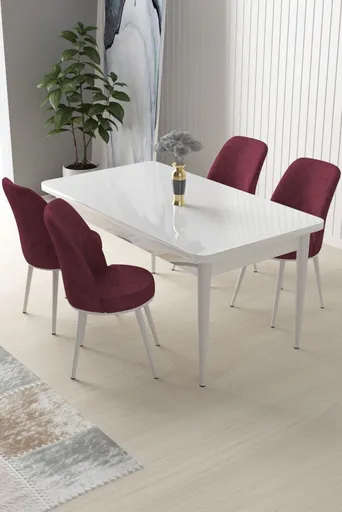 Dining Table & Chairs Set (5 Pieces) Nil - White, Burgundy