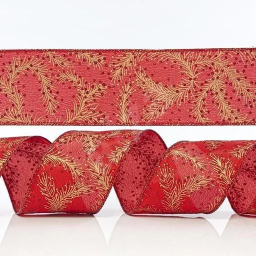 Eurolamp Vánoční dekorace červená stuha se zlatými listy, 6,35 cm, 1 ks