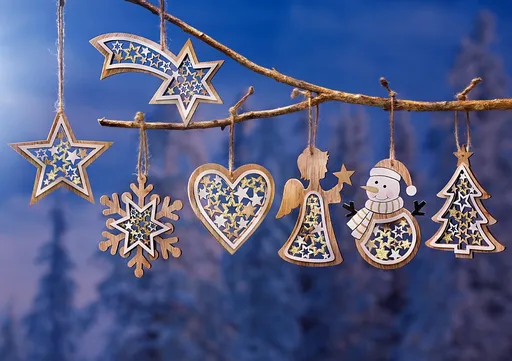 Závěsné dřevěné vánoční ozdoby, sada 7 ks