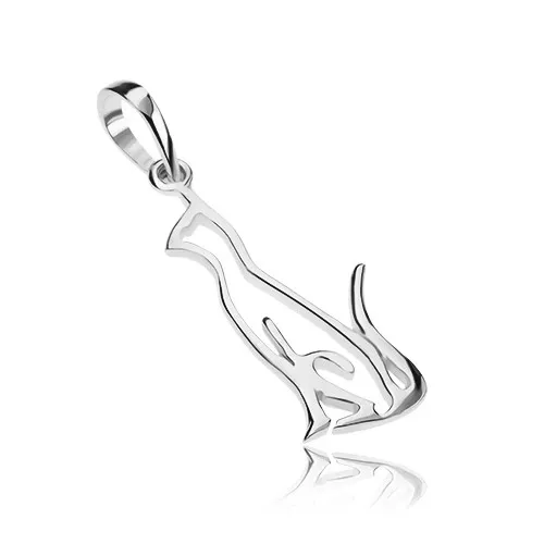 Stříbrný přívěsek 925, plochá kontura sedící kočky, vysoký lesk