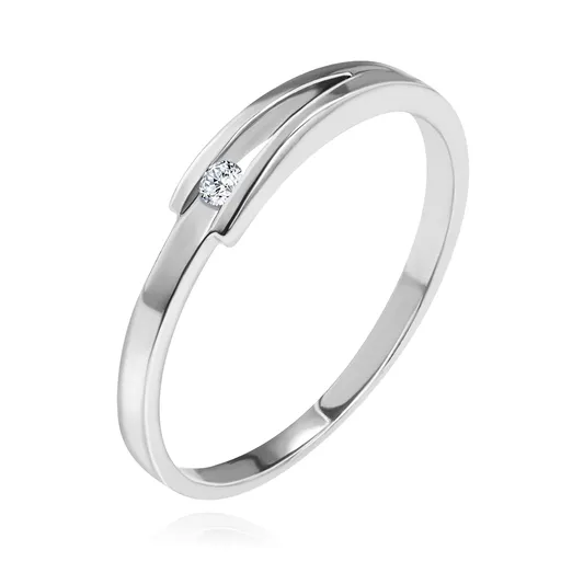 Briliantový prsten z bílého 14K zlata - blýskavý čirý diamant, úzká rozdělená ramena - Velikost: 49