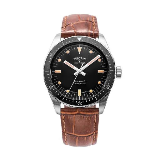 Vulcain Skindiver Nautique Black with Khaki Brown Lum - Brown Alligator