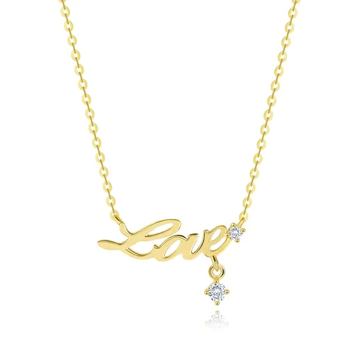 Zlatý 14K náhrdelník - lesklý řetízek, nápis Love a dva čiré zirkony