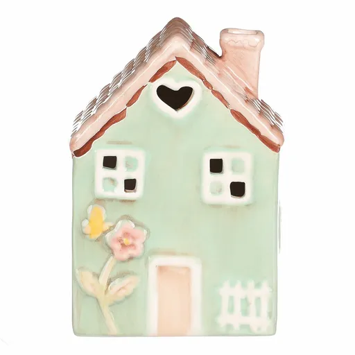 Keramický domek s LED, 10 x 7 x 14 cm, jaro, tm. zelená
