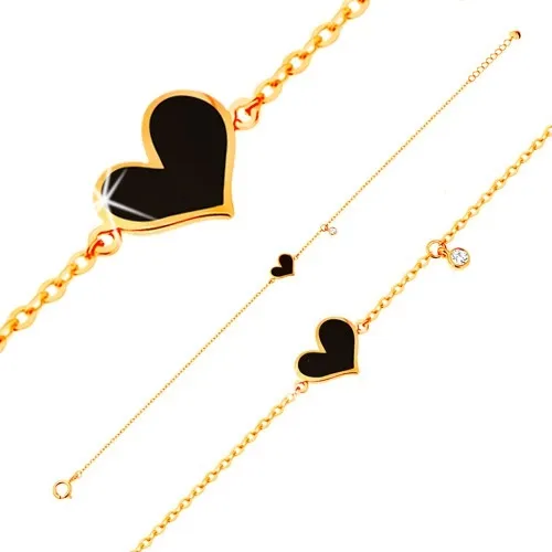 Náramek ve žlutém 14K zlatě - černé asymetrické srdce a čirý zirkonek, řetízek