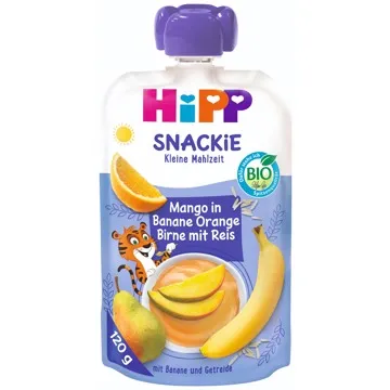 HiPP BIO Snackie Hruška-Pomeranč-Mango-Banán-Rýže 6× 120 g (4062300325234)