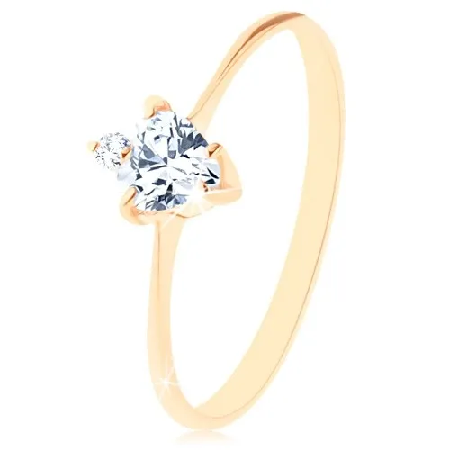 Zlatý prsten 585 - broušené zirkonové srdíčko čiré barvy, drobný kulatý zirkonek - Velikost: 48