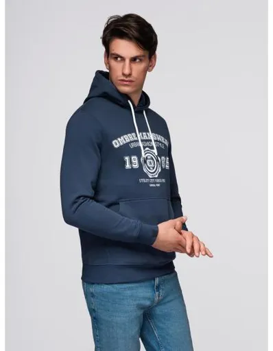 Pánská sportovní mikina s kapucí a velkým potiskem – tmavě modrá V2 B1714