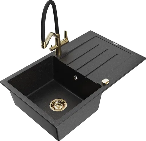 MEXEN/S Bruno granitový dřez s odkapávačem včetně baterie Duo, černá/stříbrná metalik 6513-73-671701-57-G