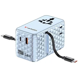 Verbatim 30187, Cestovní adaptér univerzální Charge ,n, Travel 1x USB-C, 1X USB-A + 2x integrovaný kabel USB-C, modrá, 70 W