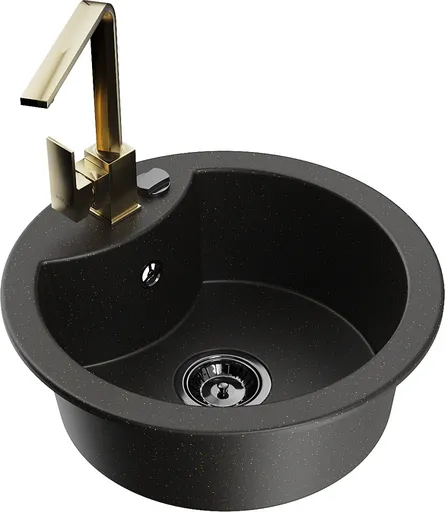 MEXEN/S Diego granitový dřez 1-miska včetně baterie Rita, černý/zlatý metalik 6512-75-670300-50-B