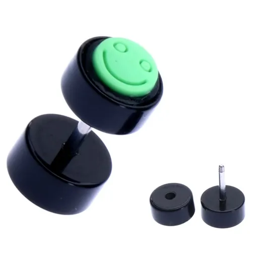 Falešný piercing do ucha z akrylu - zelený smajlík, černý válec