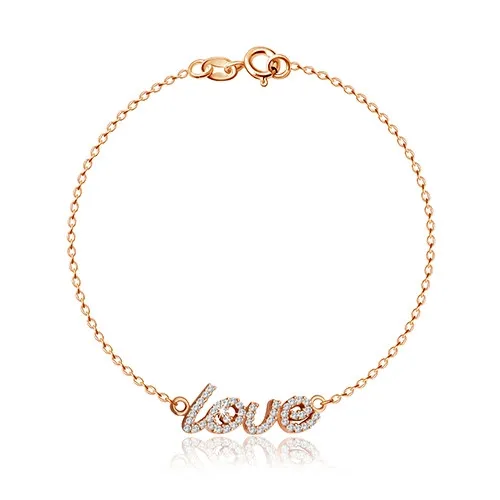 Stříbrný 925 náramek v měděné barvě - nápis "Love" vykládaný čirými zirkony