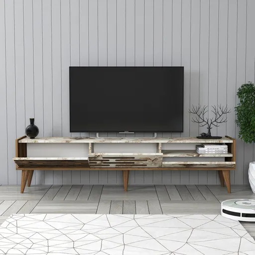 TV stolek Valensiya - Walnut, White, Marble