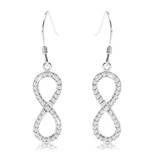 Visací stříbrné náušnice 925, symbol INFINITY, čiré blýskavé zirkony