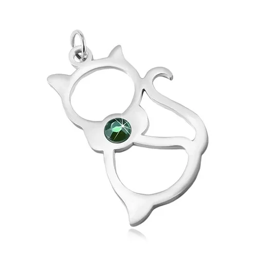Přívěsek z chirurgické oceli ve stříbrném odstínu, obrys kočky, zelený zirkon