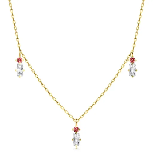 Náhrdelník ze žlutého 14K zlata - červené kulaté a čiré obdélníkové zirkony