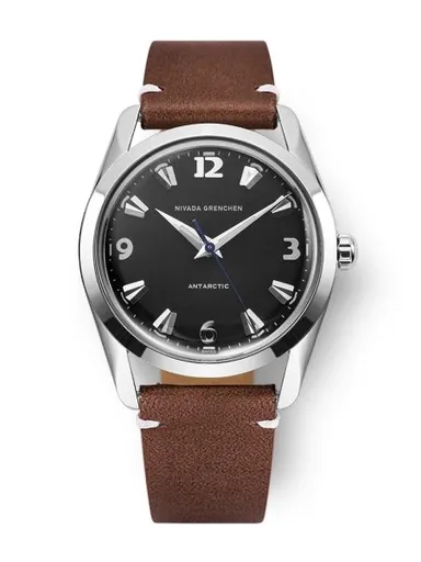 Nivada Grenchen Antarctic 35 mm - Black White Luminova - Brown Leather White Stitching