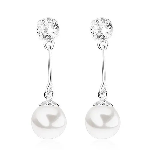 Puzetové náušnice, stříbro 925, čirý zirkonek, kulatá bílá perla