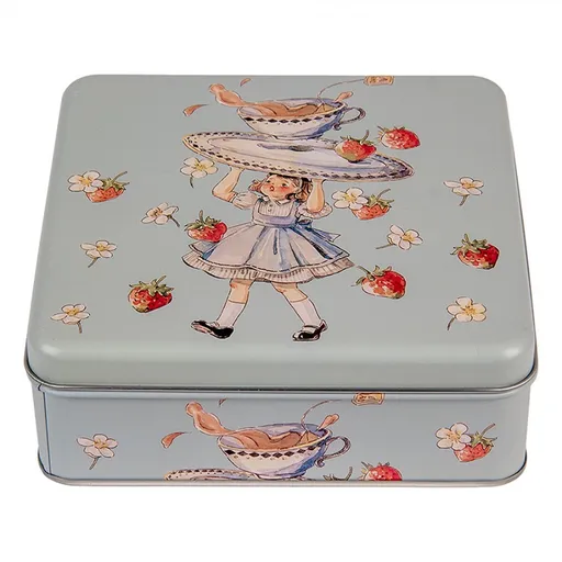 Modrá plechová krabička s dívkou a jahodami - 17*17*6 cm 6BL0139