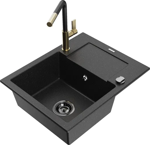 MEXEN/S Enzo granitový dřez 1-miska s odkapávačem včetně baterie Flora, černá/stříbrná metalik 6506-73-670401-57-B