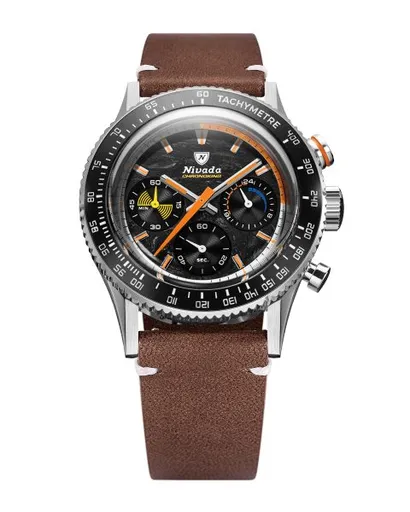 Nivada Grenchen Chronoking Mecaquartz Racing Carbon - Inter. Bezel - Brown Leather White Stitching