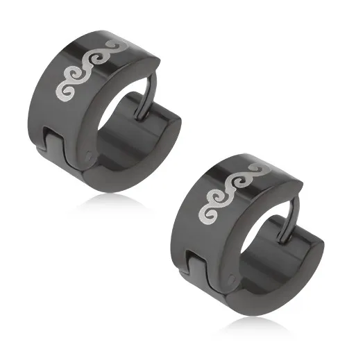 Lesklé černé kruhové náušnice z oceli, stříbrný motiv vln