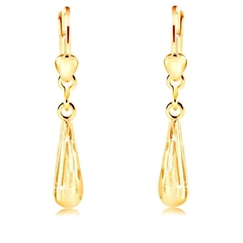 Visací náušnice ve žlutém 14K zlatě - blýskavá úzká slza s broušeným povrchem