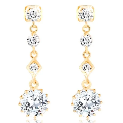 Visací zlaté náušnice 585 - čtyři blýskavé zirkony čiré barvy, puzetky