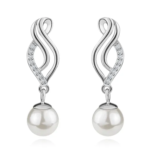 Stříbrné náušnice 925, zvlněný obrys listu, bílá kulatá perla, puzetky