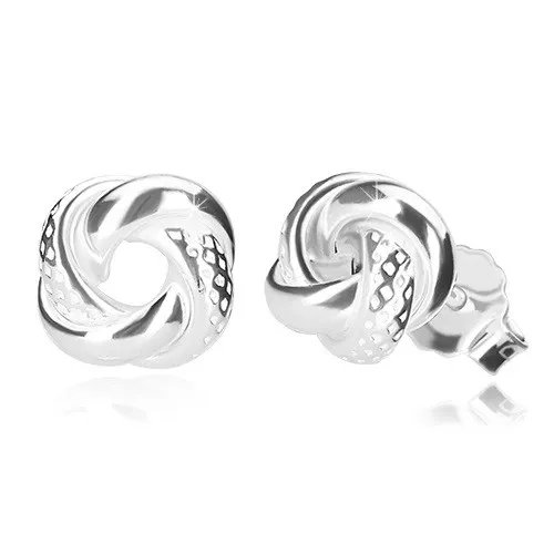 Stříbrné náušnice 925 - lesklý uzel s nepravidelnými jamkami, puzetové zapínání