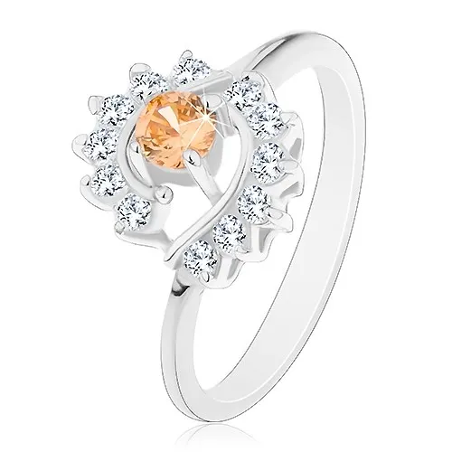 Prsten ve stříbrném odstínu, světle oranžový zirkon, čiré zirkonové oblouky - Velikost: 54, Barva: Světle oranžová