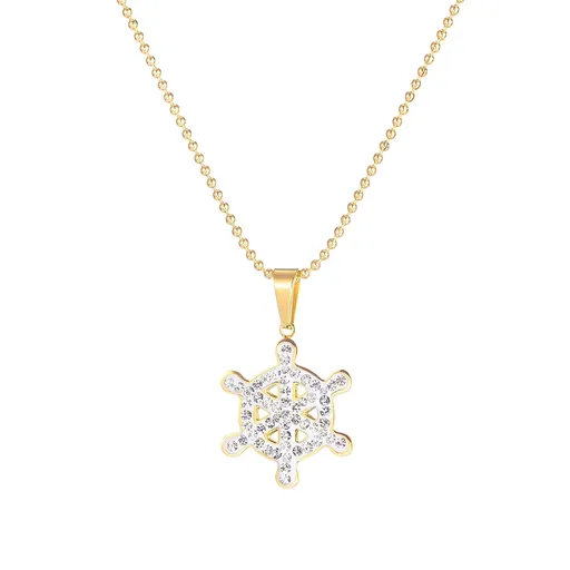 Náhrdelník z oceli 316L - kormidlo s čirými zirkony, armádní řetízek, zlatá barva